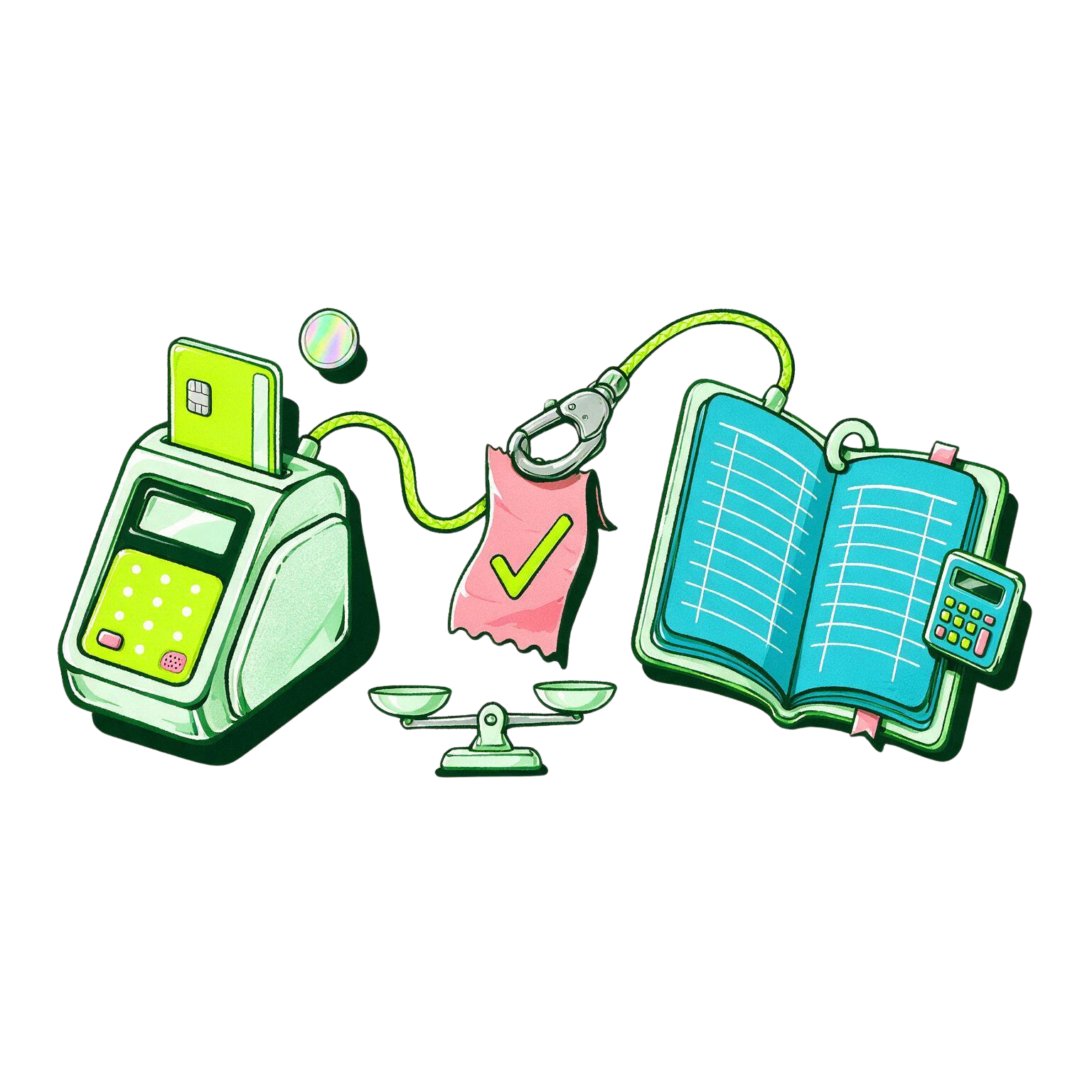 POS terminal, accounting ledger and balance scale illustration